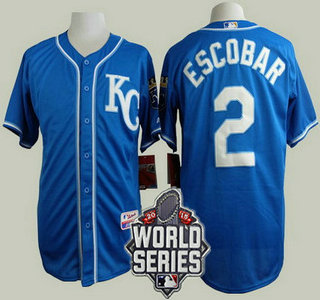 Men's Kansas City Royals #2 Alcides Escobar KC Blue Alternate Baseball Jersey With 2015 World Series Patch