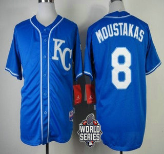 Men's Kansas City Royals #8 Mike Moustakas KC Blue Alternate Baseball Jersey With 2015 World Series Patch