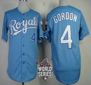 Men's Kansas City Royals #4 Alex Gordon Light Blue Alternate Baseball Jersey With 2015 World Series Patch