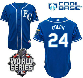 Men's Kansas City Royals #24 Christian Colon KC Blue Alternate Baseball Jersey With 2015 World Series Patch