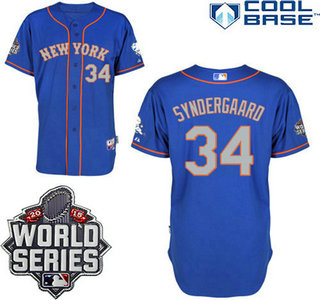New York Mets Authentic #34 Noah Syndergaard Alternate Road Blue Gray Jersey with 2015 World Series Patch