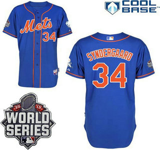 New York Mets Authentic #34 Noah Syndergaard Alternate Home Blue Orange Jersey with 2015 World Series Patch