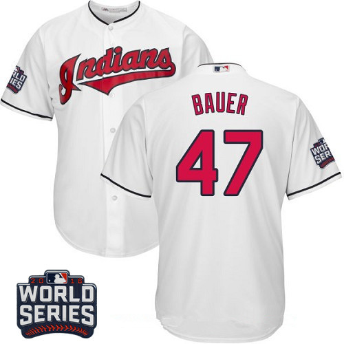 Men's Cleveland Indians #47 Trevor Bauer White Home 2016 World Series Patch Stitched MLB Majestic Cool Base Jersey