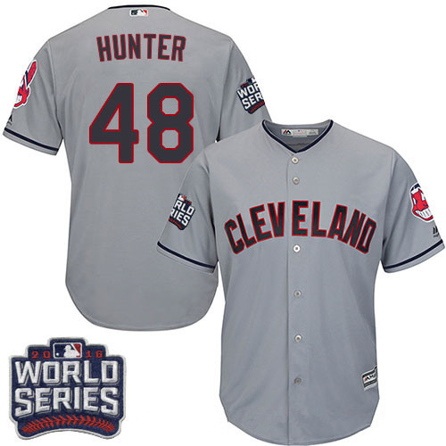 Men's Cleveland Indians #48 Tommy Hunter Gray Road 2016 World Series Patch Stitched MLB Majestic Cool Base Jersey