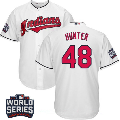 Men's Cleveland Indians #48 Tommy Hunter White Home 2016 World Series Patch Stitched MLB Majestic Cool Base Jersey