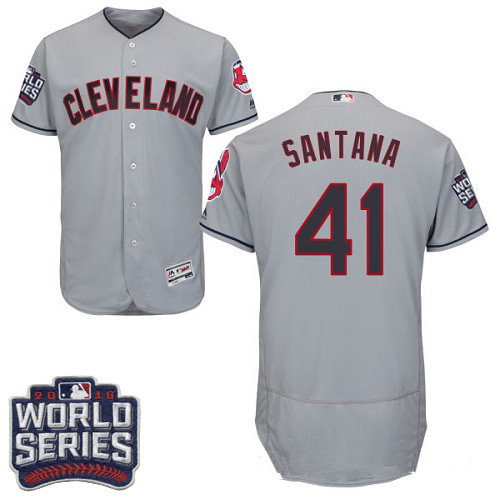 Men's Cleveland Indians #41 Carlos Santana Gray Road 2016 World Series Patch Stitched MLB Majestic Flex Base Jersey