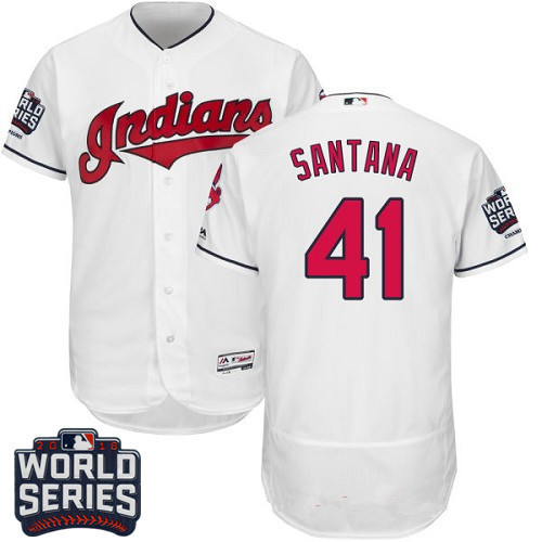 Men's Cleveland Indians #41 Carlos Santana White Home 2016 World Series Patch Stitched MLB Majestic Flex Base Jersey