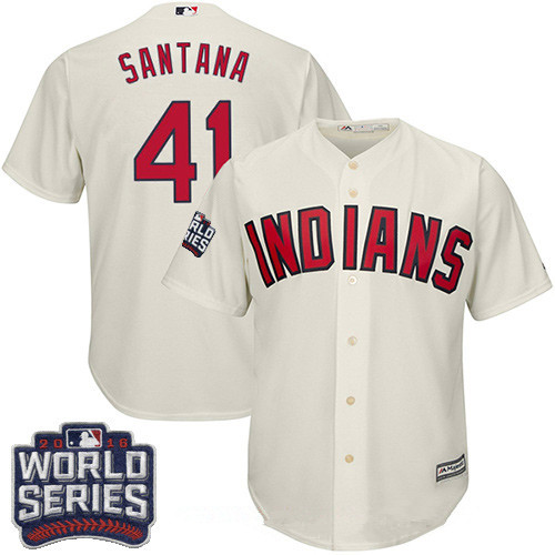 Men's Cleveland Indians #41 Carlos Santana Cream Alternate 2016 World Series Patch Stitched MLB Majestic Cool Base Jersey