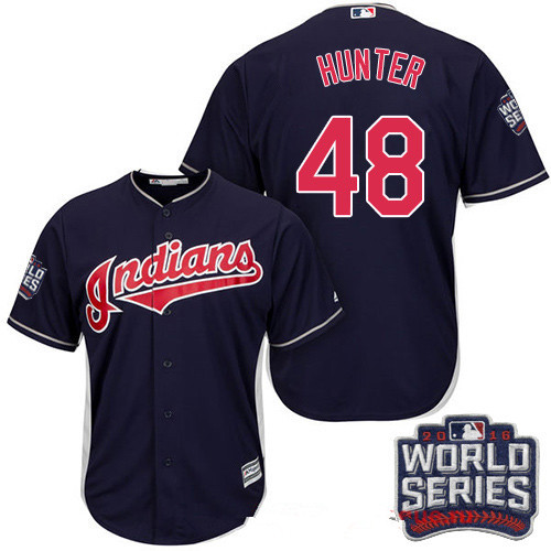 Men's Cleveland Indians #48 Tommy Hunter Navy Blue Alternate 2016 World Series Patch Stitched MLB Majestic Cool Base Jersey