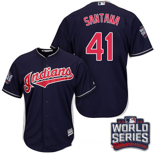 Men's Cleveland Indians #41 Carlos Santana Navy Blue Alternate 2016 World Series Patch Stitched MLB Majestic Cool Base Jersey