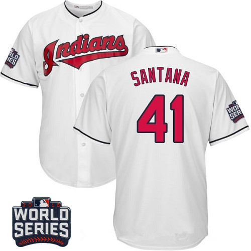 Men's Cleveland Indians #41 Carlos Santana White Home 2016 World Series Patch Stitched MLB Majestic Cool Base Jersey