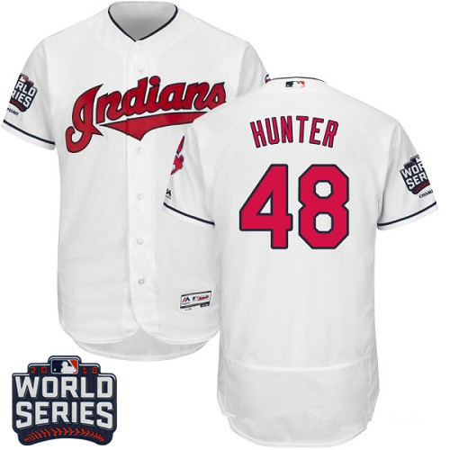 Men's Cleveland Indians #48 Tommy Hunter White Home 2016 World Series Patch Stitched MLB Majestic Flex Base Jersey