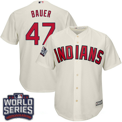Men's Cleveland Indians #47 Trevor Bauer Cream Alternate 2016 World Series Patch Stitched MLB Majestic Cool Base Jersey