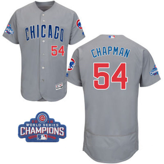 Men's Chicago Cubs #54 Aroldis Chapman Gray Road Majestic Flex Base 2016 World Series Champions Patch Jersey