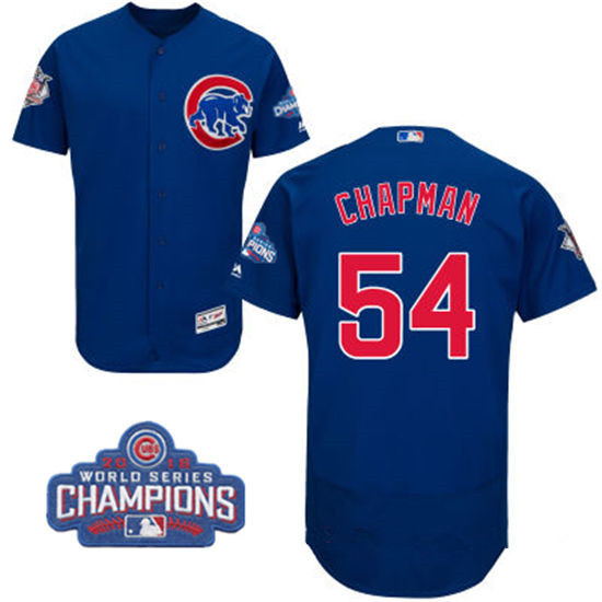 Men's Chicago Cubs #54 Aroldis Chapman Royal Blue Majestic Flex Base 2016 World Series Champions Patch Jersey
