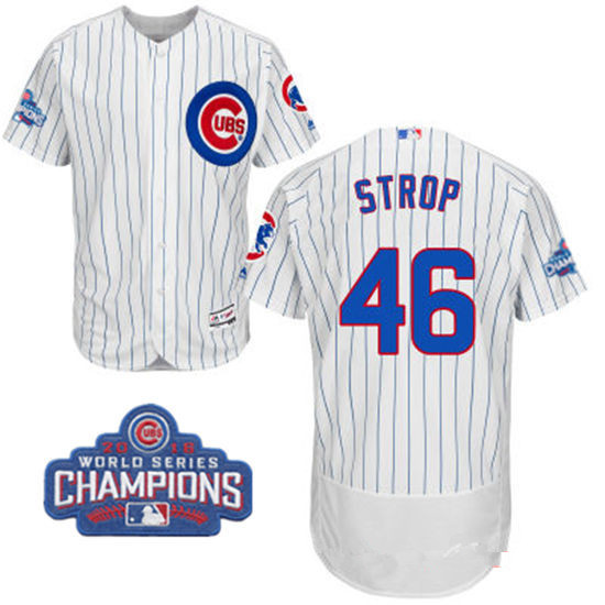 Men's Chicago Cubs #46 Pedro Strop White Home Majestic Flex Base 2016 World Series Champions Patch Jersey