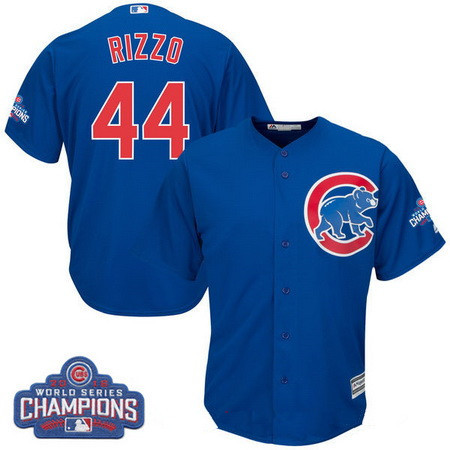 Men's Chicago Cubs #44 Anthony Rizzo Majestic Royal Blue 2016 World Series Champions Team Logo Patch Player Jersey