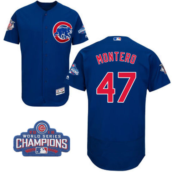 Men's Chicago Cubs #47 Miguel Montero Royal Blue Majestic Flex Base 2016 World Series Champions Patch Jersey
