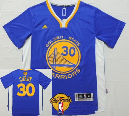 Men's Golden State Warriors #30 Stephen Curry Blue Short-Sleeved White 2016 The NBA Finals Patch Jersey