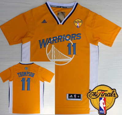 Men's Golden State Warriors #11 Klay Thompson Yellow Short-Sleeved 2016 The NBA Finals Patch Jersey