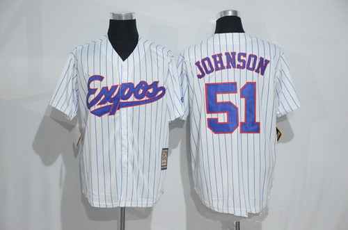 Men's Montreal Expos #51 Randy Johnson 1982 White Pinstripe Majestic Cool Base Cooperstown Collection Player Jersey