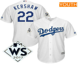 Youth Los Angeles Dodgers Clayton Kershaw Majestic White 2017 World Series Patch Cool Base Player Jersey