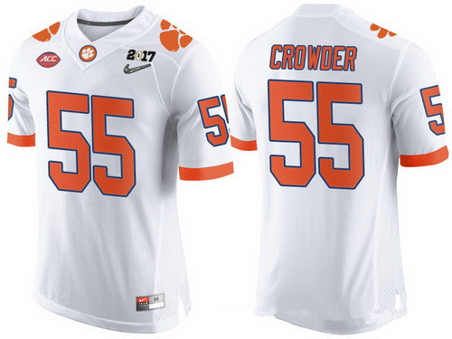 Men's Clemson Tigers #55 Tyrone Crowder White 2017 Championship Game Patch Stitched CFP Nike Limited Jersey