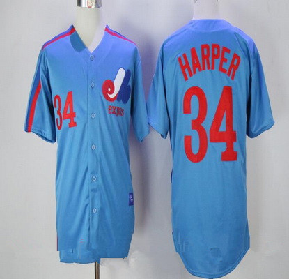 Men's Montreal Expos #34 Bryce Harper Majestic 1982 Royal Blue Stitched MLB Cooperstown Collection Jersey