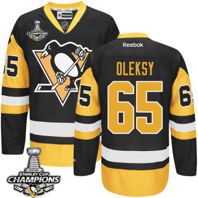 Men's Pittsburgh Penguins #65 Steve Oleksy Black Third Jersey 2017 Stanley Cup Champions Patch