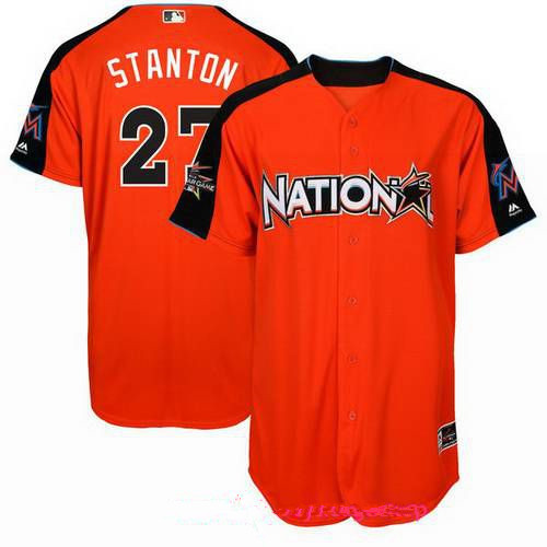 Men's National League Miami Marlins #27 Giancarlo Stanton Majestic Orange 2017 MLB All-Star Game Authentic Home Run Derby Jersey