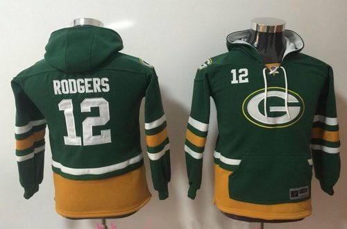 Youth Green Bay Packers #12 Aaron Rodgers NEW Green Pocket Stitched NFL Pullover Hoodie