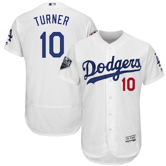 Men's Los Angeles Dodgers #10 Justin Turner Majestic White 2018 World Series Flex Base Player Jersey