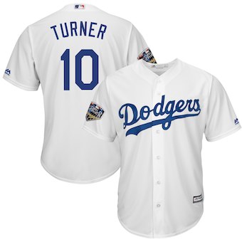 Men's Los Angeles Dodgers #10 Justin Turner Majestic White 2018 World Series Cool Base Player Jersey