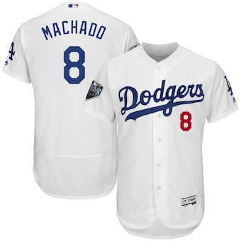 Men's Los Angeles Dodgers #8 Manny Machado Majestic White 2018 World Series Flex Base Player Jersey