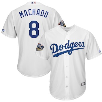 Men's Los Angeles Dodgers #8 Manny Machado Majestic White 2018 World Series Cool Base Player Jersey