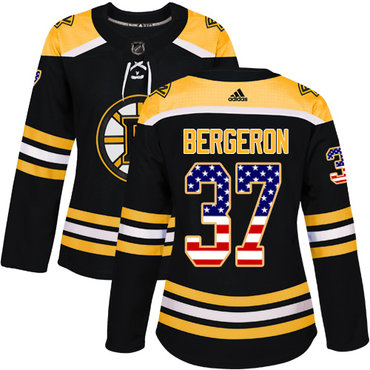 Adidas Boston Bruins #37 Patrice Bergeron Black Home Authentic USA Flag Women's Stitched NHL Jersey