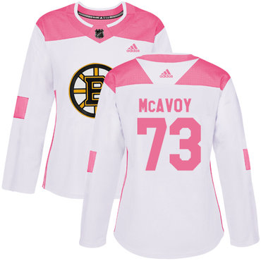 Adidas Boston Bruins #73 Charlie McAvoy White Pink Authentic Fashion Women's Stitched NHL Jersey