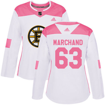 Adidas Boston Bruins #63 Brad Marchand White Pink Authentic Fashion Women's Stitched NHL Jersey