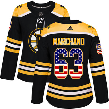 Adidas Boston Bruins #63 Brad Marchand Black Home Authentic USA Flag Women's Stitched NHL Jersey
