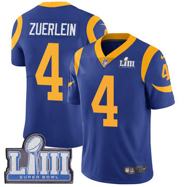 Men's Los Angeles Rams #4 Greg Zuerlein Royal Blue Nike NFL Alternate Vapor Untouchable Super Bowl LIII Bound Limited Jersey 