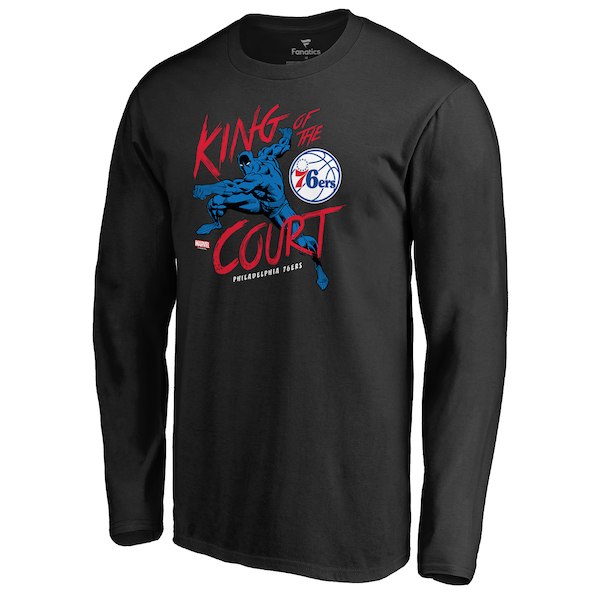 Men's Philadelphia 76ers Fanatics Branded Black Marvel Black Panther King of the Court Long Sleeve T-Shirt