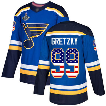 Blues #99 Wayne Gretzky Blue Home Authentic USA Flag Stanley Cup Champions Stitched Hockey Jersey