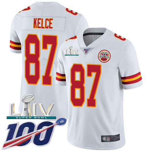 Nike Chiefs #87 Travis Kelce White Super Bowl LIV 2020 Youth Stitched NFL 100th Season Vapor Untouchable Limited Jersey