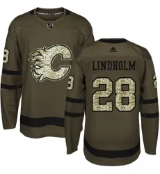 Men's Adidas Calgary Flames #28 Elias Lindholm Green Salute to Service Stitched NHL Jersey