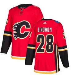 Men's Adidas Calgary Flames #28 Elias Lindholm Red Home Authentic USA Flag Stitched NHL Jerseys