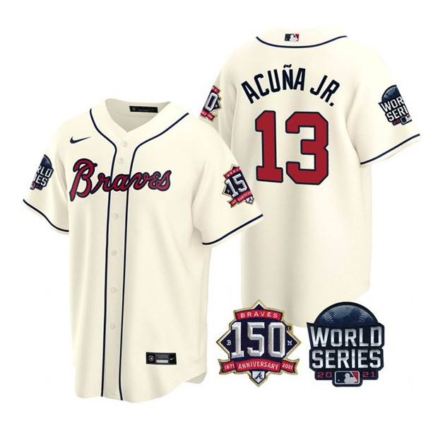 Men's Atlanta Braves #13 Ronald Acuna Jr. 2021 Cream World Series With 150th Anniversary Patch Cool Base Stitched Jersey