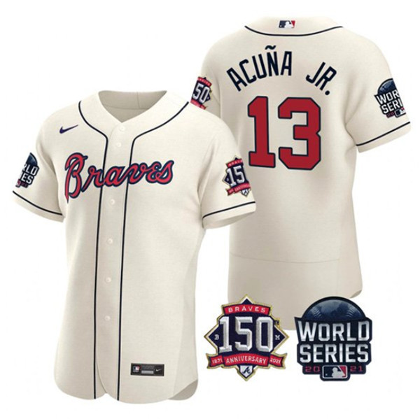 Men's Atlanta Braves #13 Ronald Acuna Jr. 2021 Cream World Series With 150th Anniversary Patch Stitched Baseball Jersey