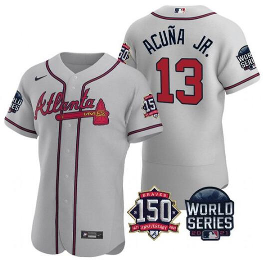 Men's Atlanta Braves #13 Ronald Acuna Jr. 2021 Grey World Series With 150th Anniversary Patch Stitched Baseball Jersey