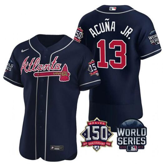 Men's Atlanta Braves #13 Ronald Acuna Jr. 2021 Navy World Series With 150th Anniversary Patch Stitched Baseball Jersey