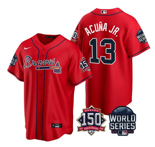 Men's Atlanta Braves #13 Ronald Acuna Jr. 2021 Red World Series With 150th Anniversary Patch Cool Base Stitched Jersey
